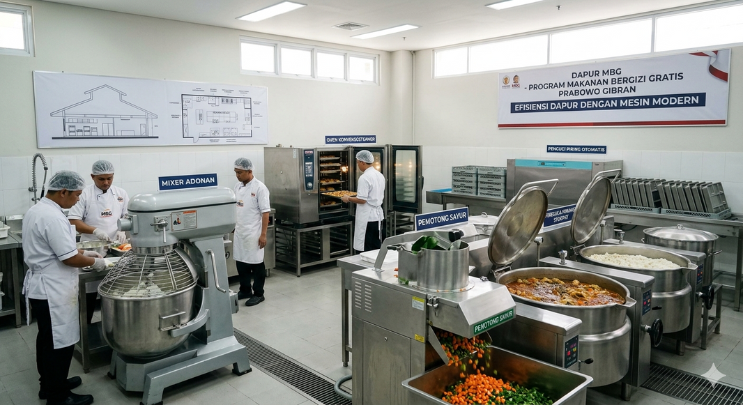 ilustrasi dapur MBG menggunakan mesin dapur skala besar